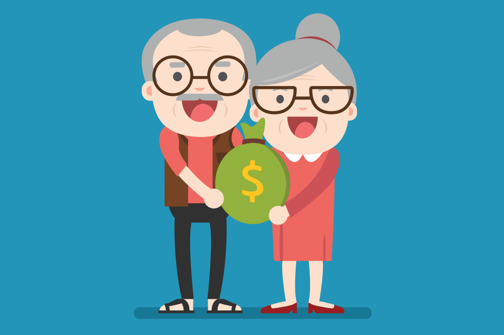 Casal de idosos com símbolo de dinheiro representando aposentadoria rural e urbana