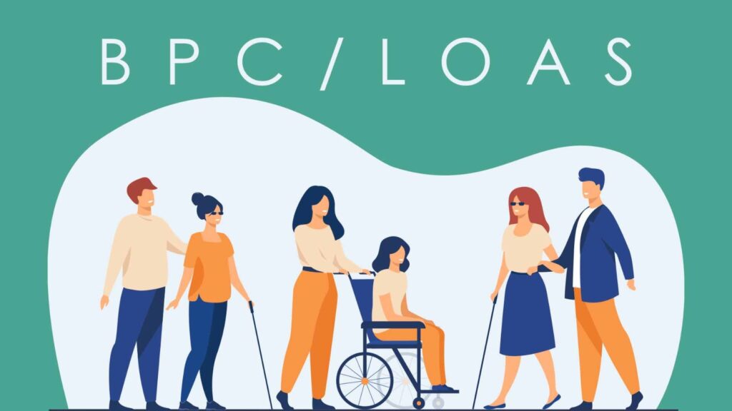 Ilustração sobre BPC/LOAS com pessoas idosas e pessoa com deficiência — benefício assistencial